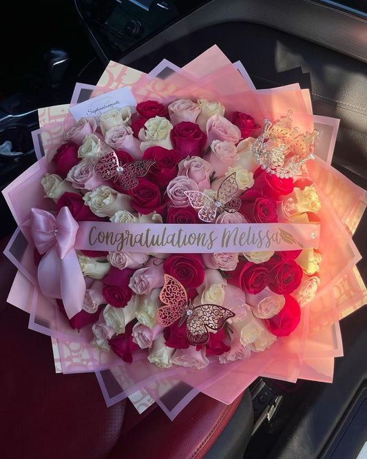 “Congratulations Queen” – 100-Rose Celebration Bouquet