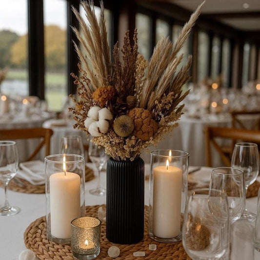 Black Vase with Eternal Dried Flowers – Pampas, Cotton & Beige-Orange-Brown Arrangement