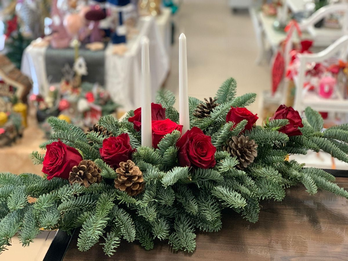 Festive Red Christmas Centerpiece with Candles