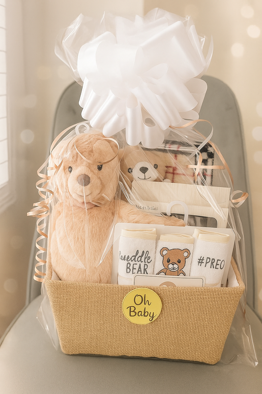 Newborn Gift Basket - Teddy Bear Baby Shower Gift Set | Plush Toy, Blanket & Essentials for Boys & Girls