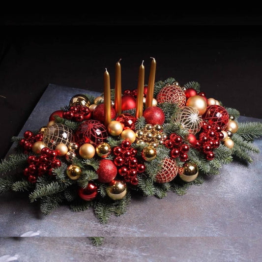 Luxurious Red & Gold Christmas Centerpiece with Candles
