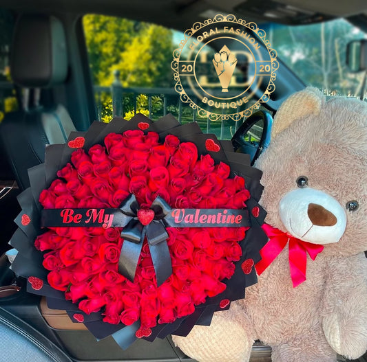 Romantic Red Rose Bouquet with Teddy Bear for Valentine’s Day
