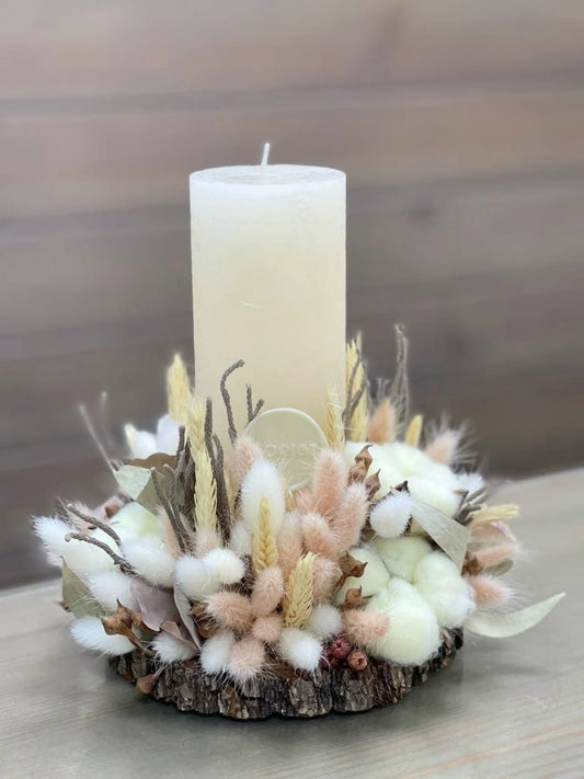 Rustic centerpiece with white candle