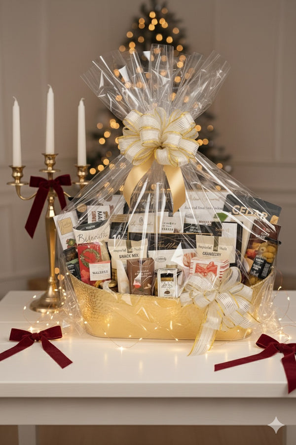 25" Luxury 32-Item Gourmet Food Gift Basket - Gold Metal Container with Holiday Treats