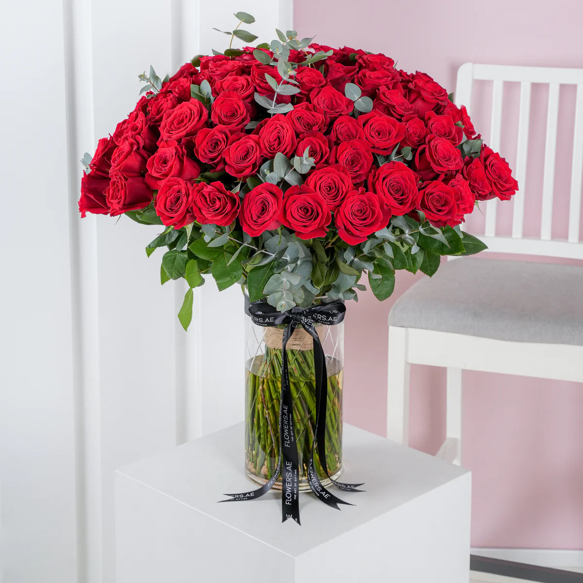 Valentines 100 red roses in a vase - Floral Fashion Boutique