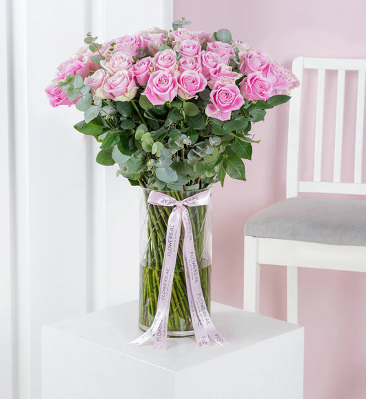 Valentine 50 pink roses in a vase - Floral Fashion Boutique