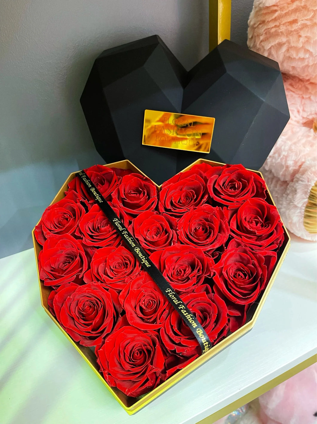 Preserved roses in a heart box