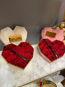 Preserved roses in a heart box