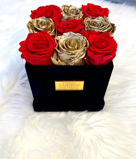 Gold and Red Preserved roses box - Floral Fashion Boutique