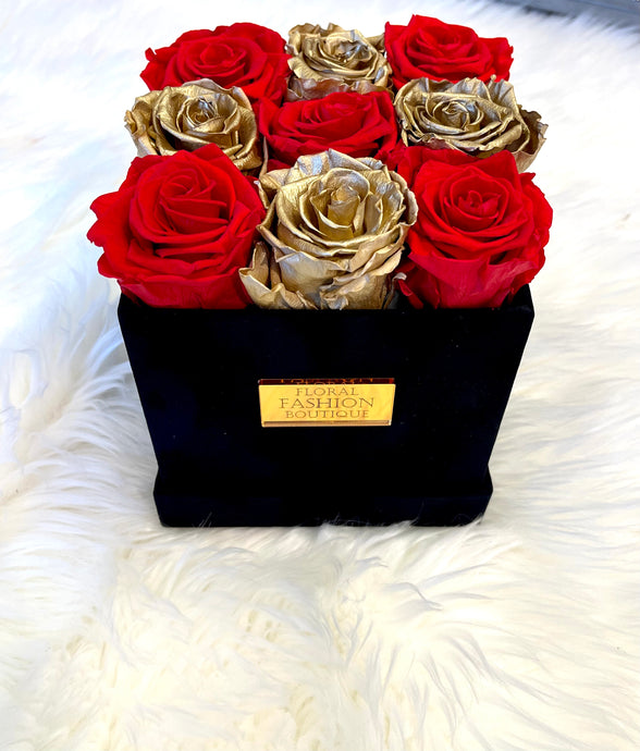 Gold and Red Preserved roses box - Floral Fashion Boutique